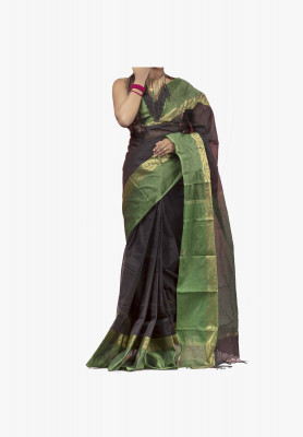 Black with green-color cotton silk Saree