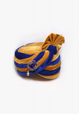 Blue-golden stone velvet wedding pagri