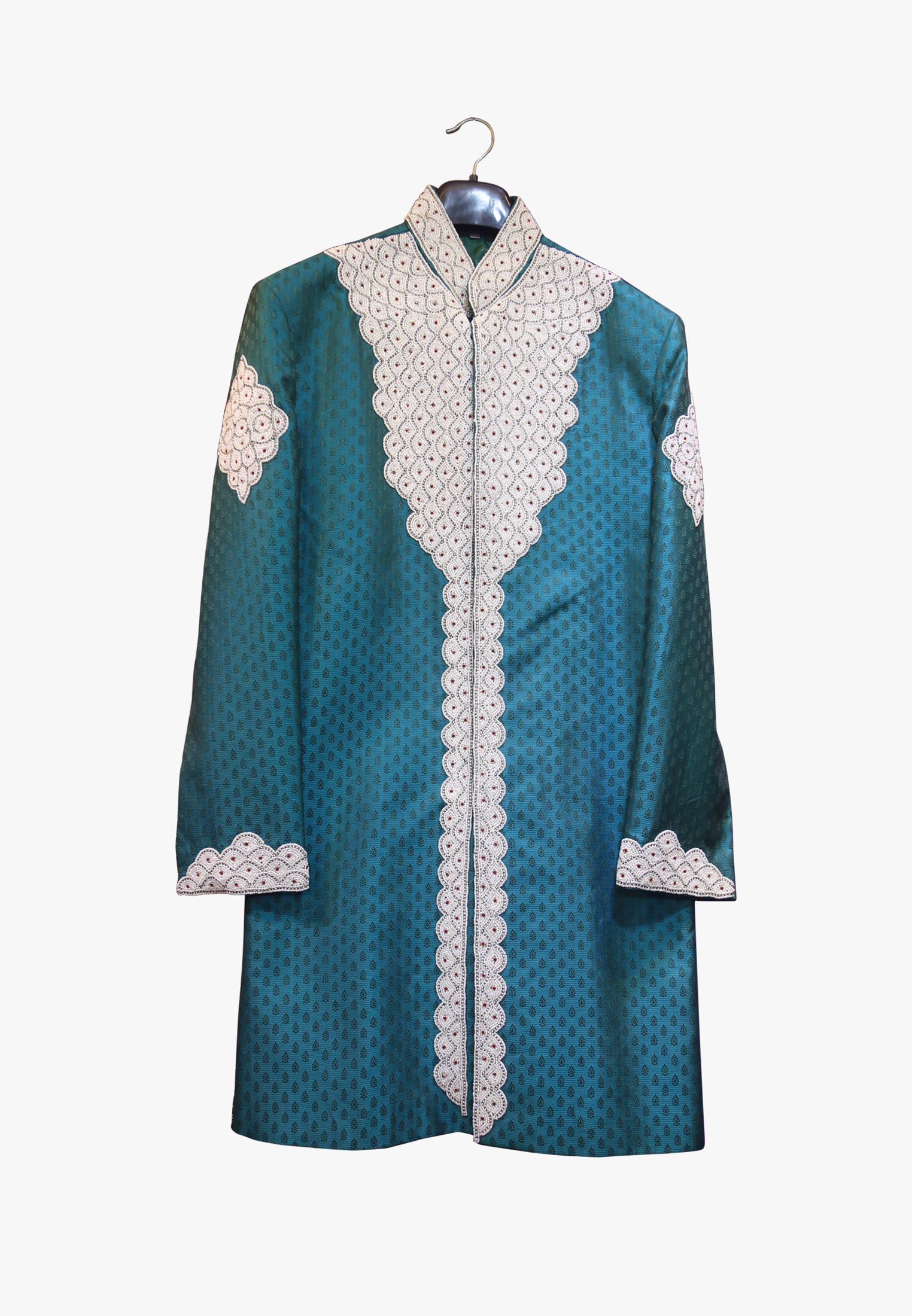 Green katan-stone-puti wedding sherwani