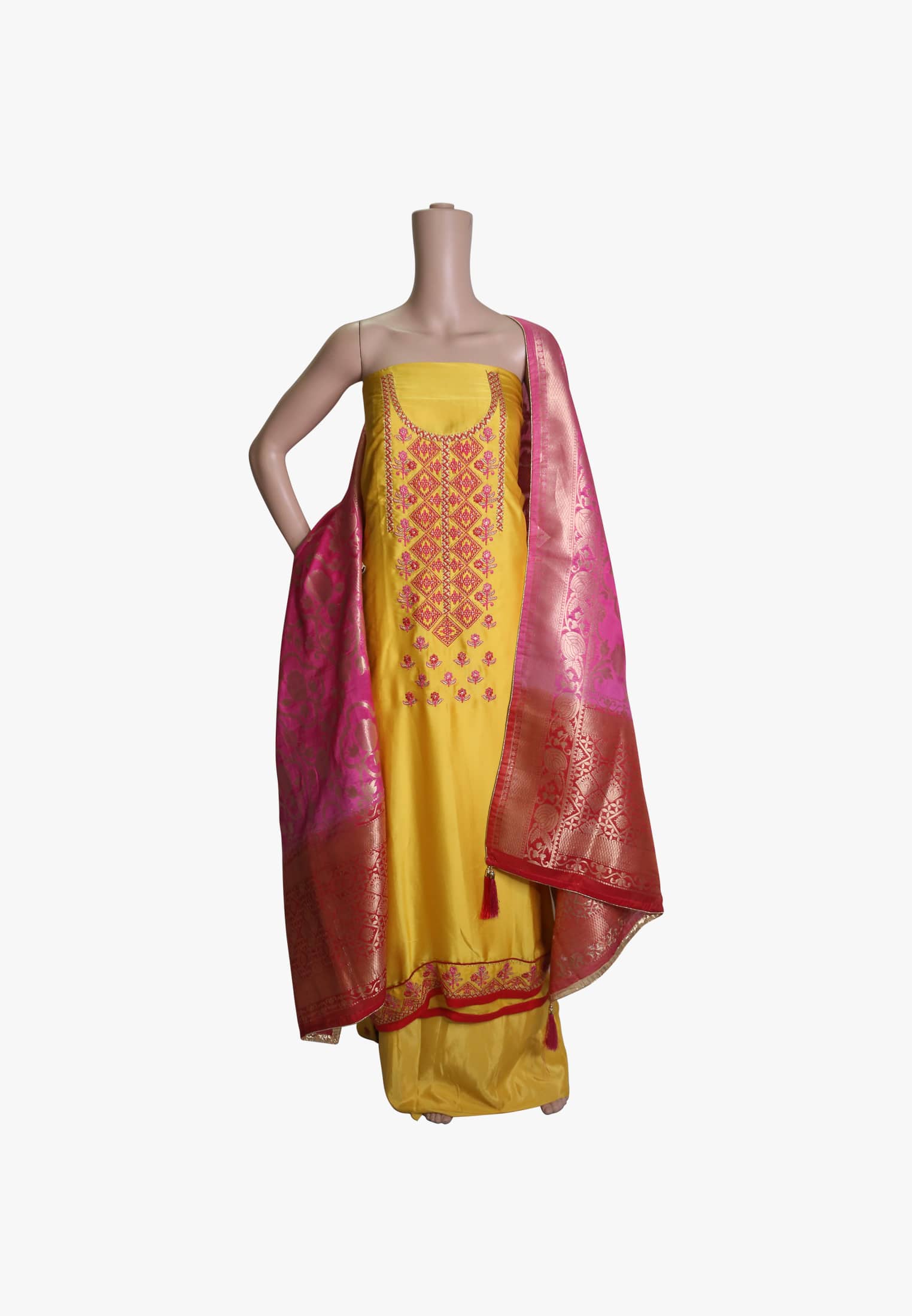 Biye Bazaar | Yellow shamooz silk embroidery four piece