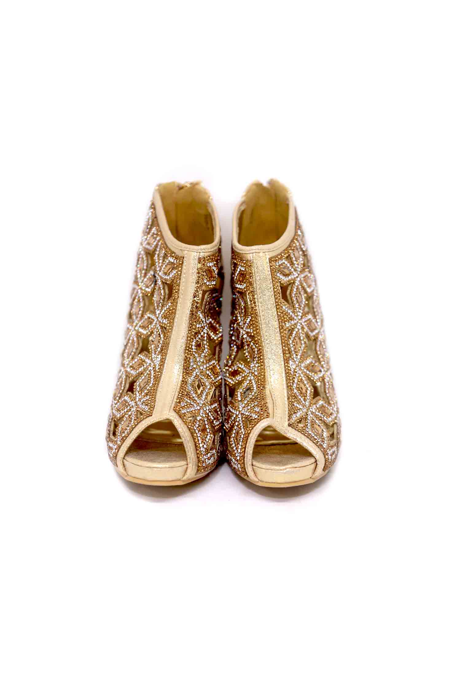 Golden artificial leather floral pencil heel