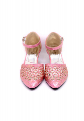 Glossy pink golden stone box heel