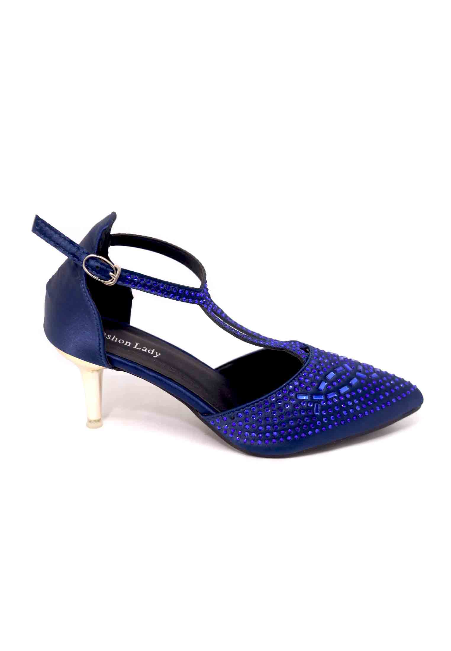 Blue-maroon-golden artificial leather stone pencil heel
