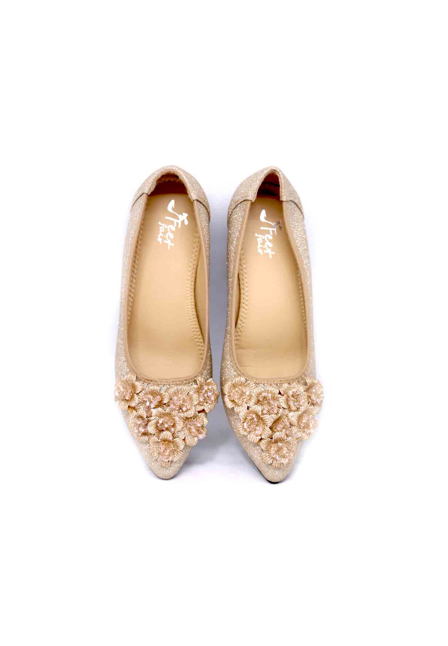 Golden artificial leather floral stone box heel
