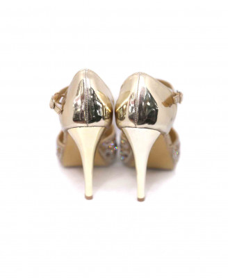 Golden-silver stone work pencil heel