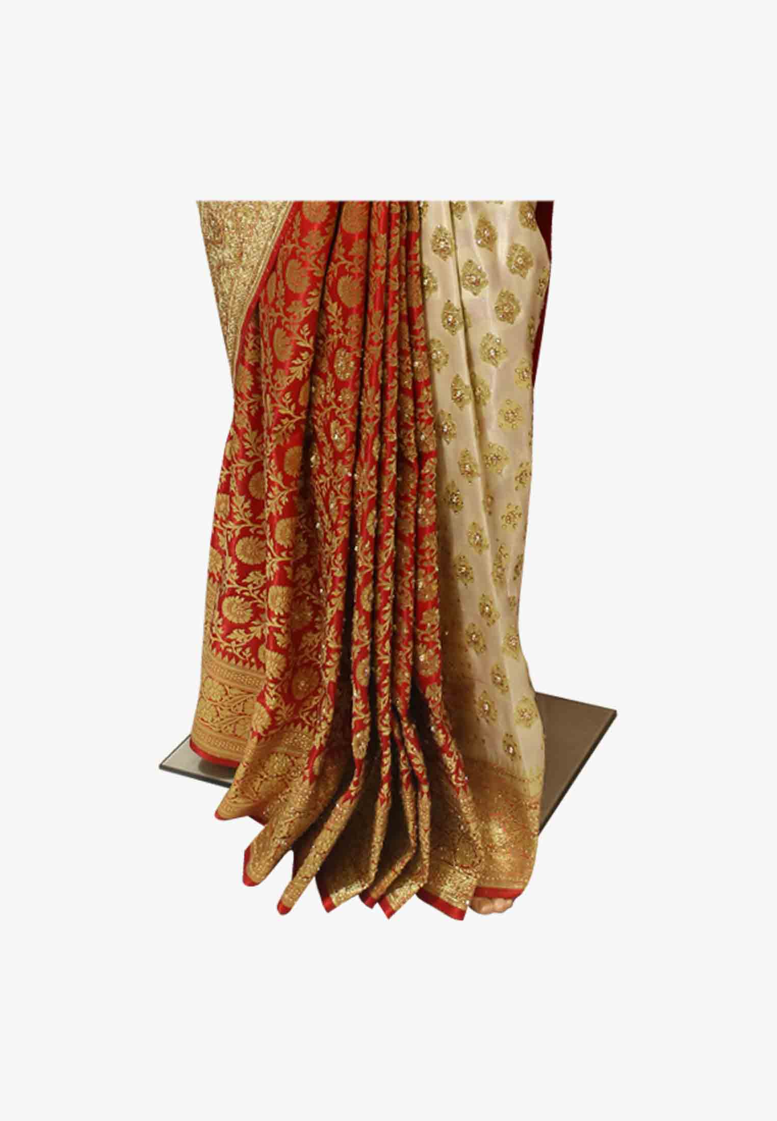 Golden katan lock stone wedding saree