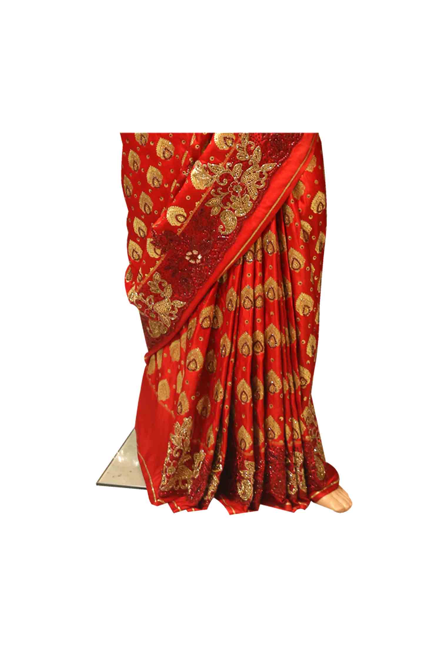 Red katan real stone zardoshi saree