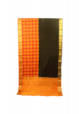 Katan black orange jori work party saree