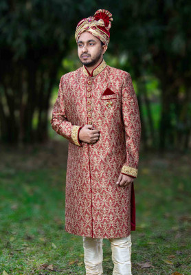 Golden and Maroon Sherwani for Rent
