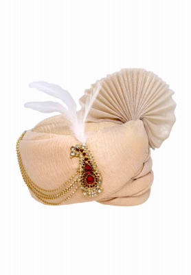 Cream Colored Wedding Pagri made of Mosten Tissue