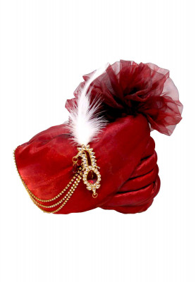 Maroon Colored Wedding Pagri Made of Tissue Fabric