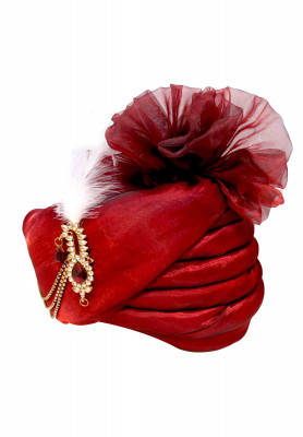 Maroon Colored Wedding Pagri Made of Tissue Fabric