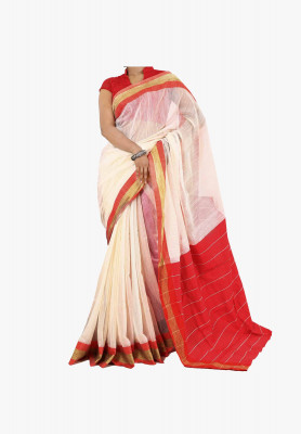 Red with off white color cotton silk Saree