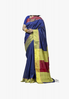 Blue with yellow color cotton silk Saree