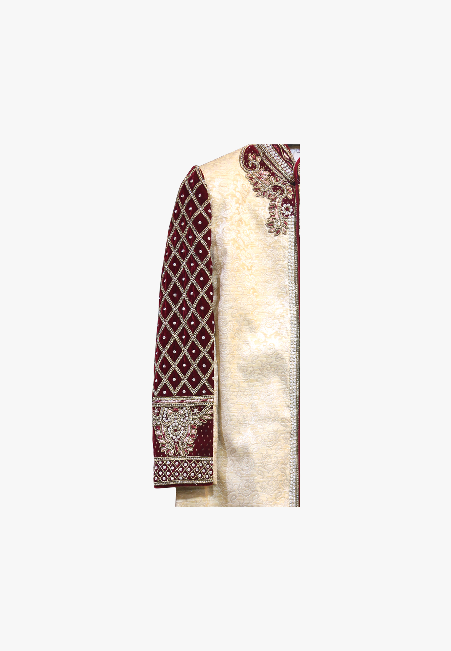 Deep golden katan wedding sherwani 